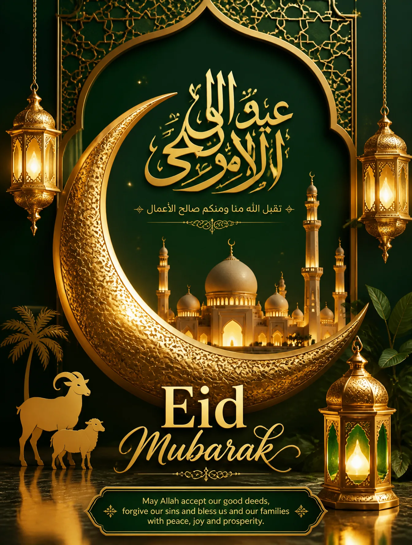 Create a luxurious Eid Ul Adha poster featuring a golden ...