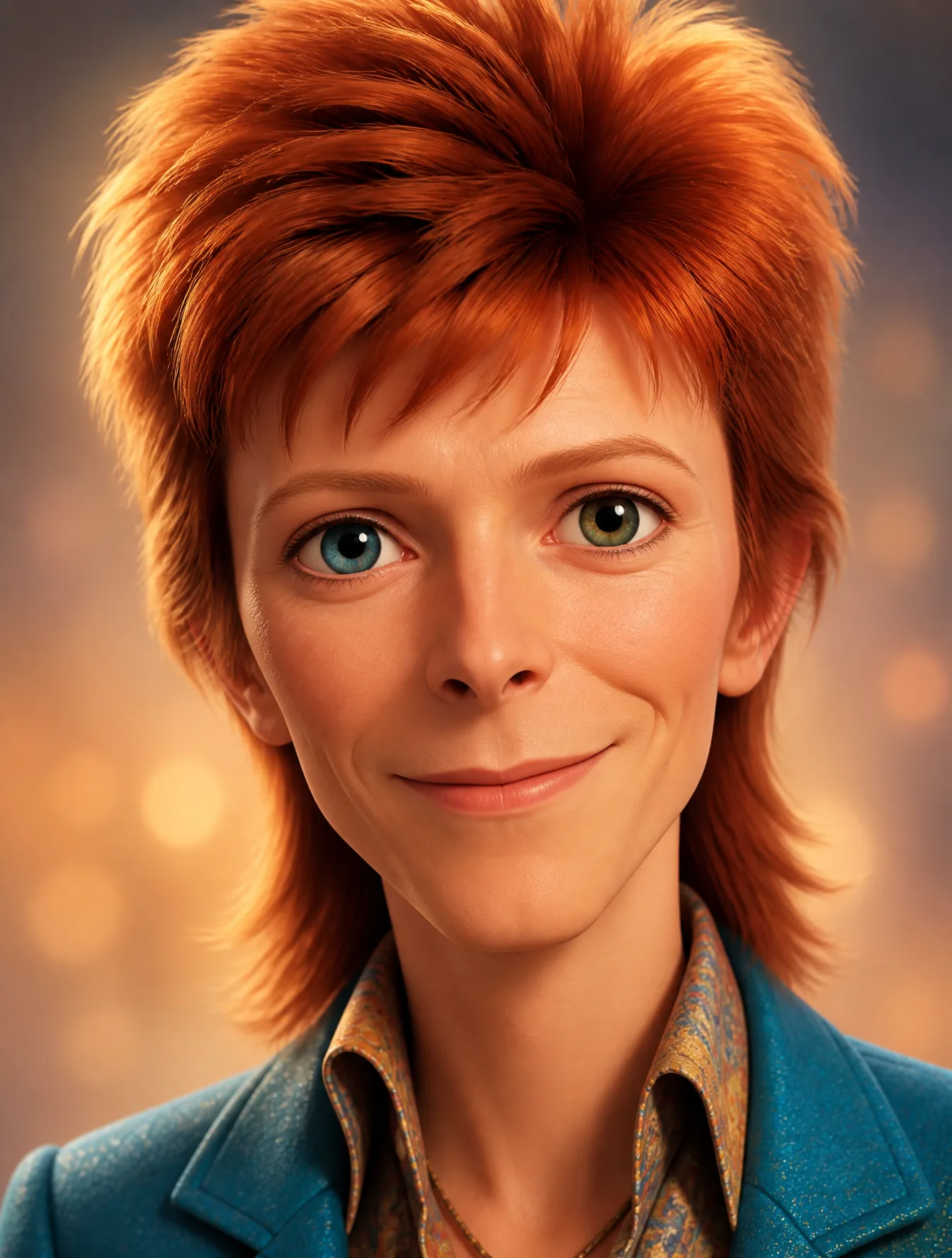 A Pixar-style frontal portrait of [david bowie], showing ...