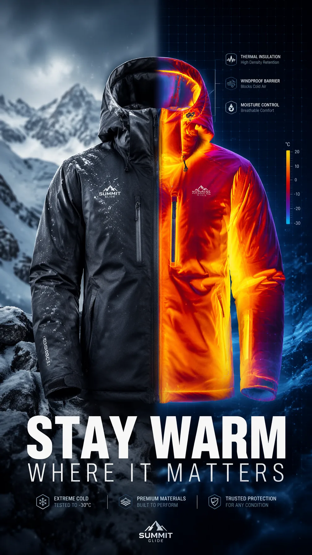 A premium 9:16 winter jacket advertising poster.Main Subj...