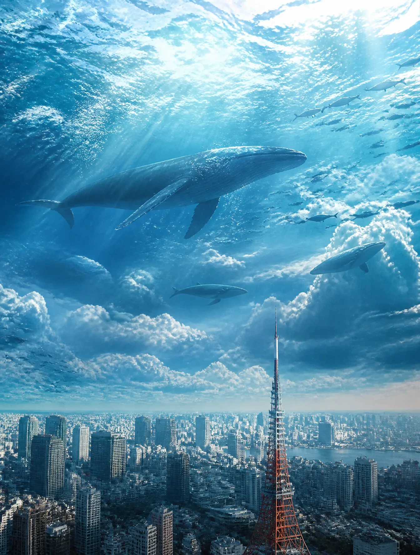 Massive ocean floating in the sky above a modern city, wh...