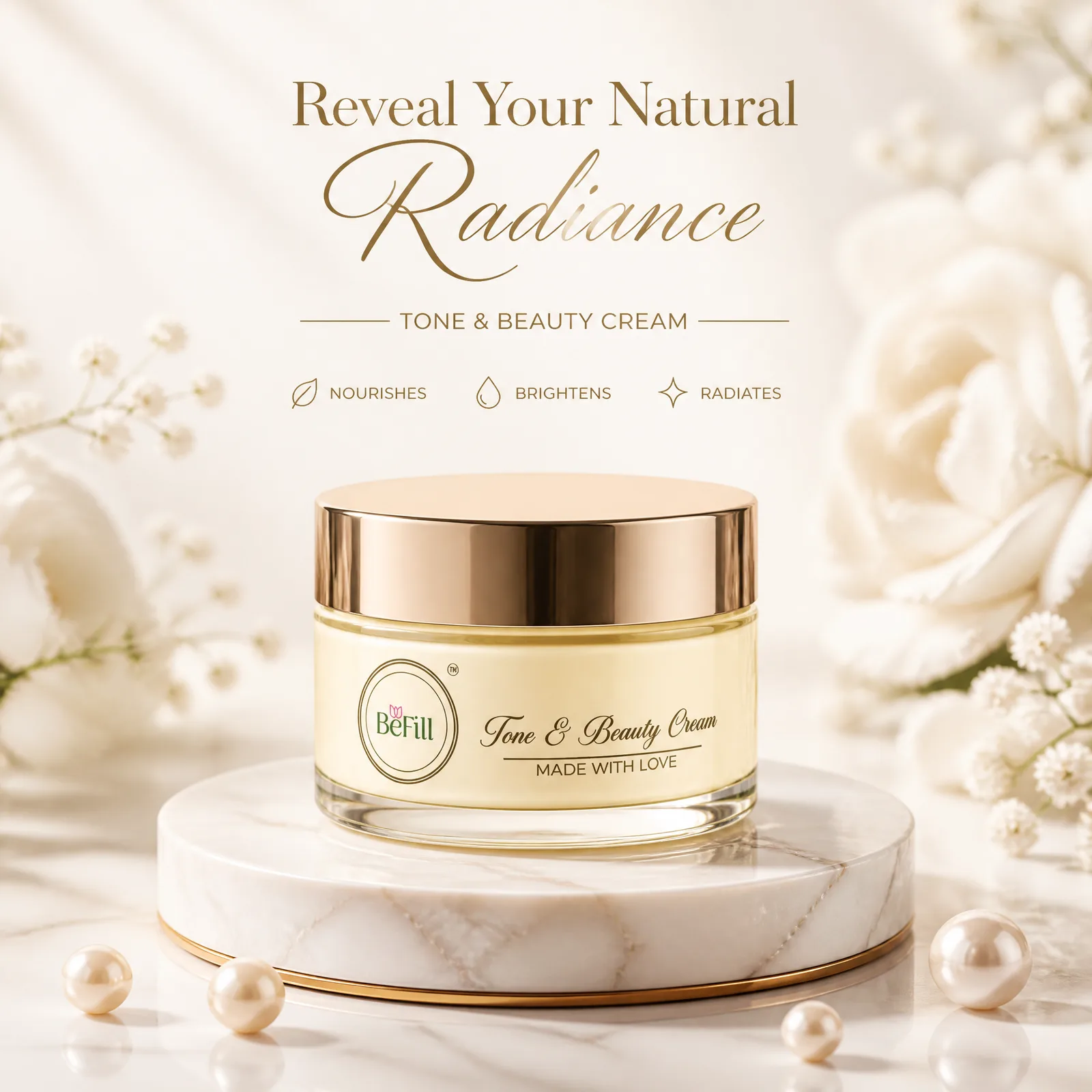 A premium glass jar of radiance cream sits centrally on a...