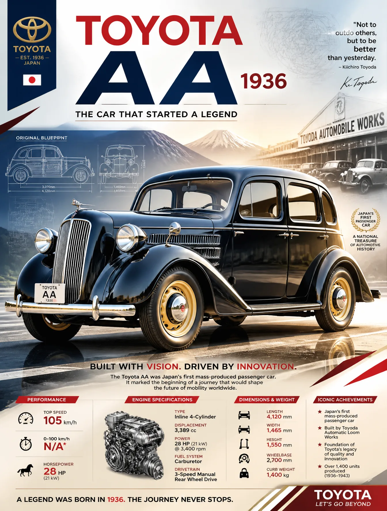 Create an epic premium automotive poster of [TOYOTA AA(19...