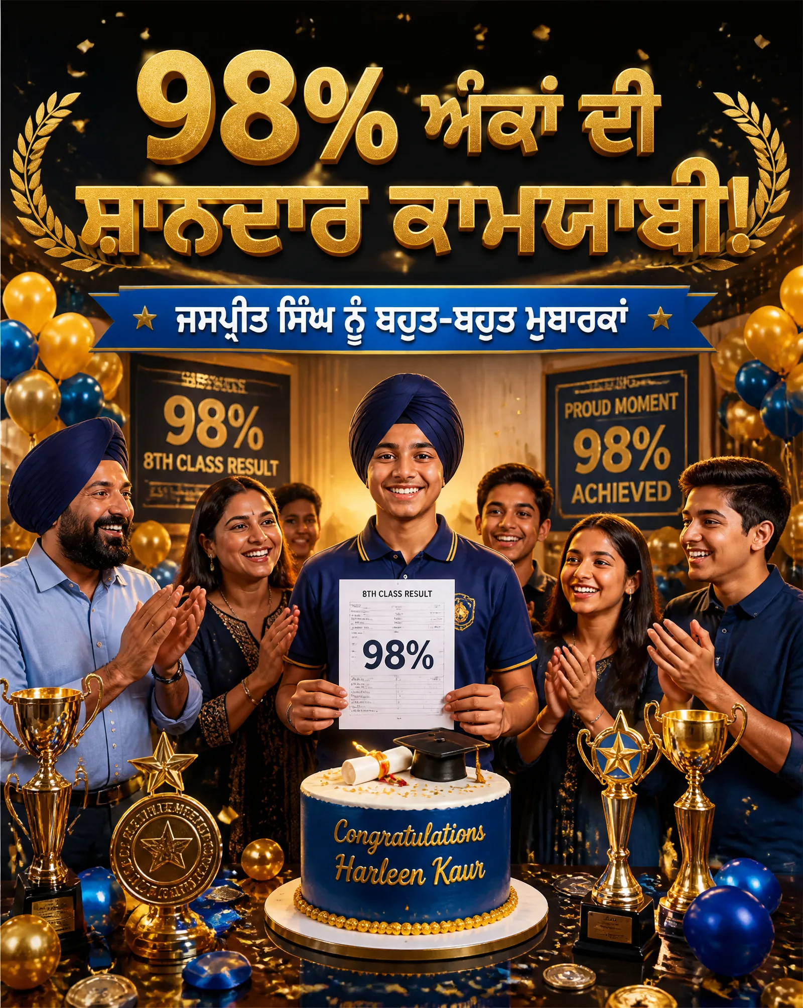 ਸ਼ਾਨਦਾਰ ਜਸ਼ਨ ਪੋਸਟਰ, "ਜਸਪ੍ਰੀਤ ਸਿੰਘ ਨੇ 8ਵੀਂ ਕਲਾਸ ਵਿੱਚ 98% ਅ...