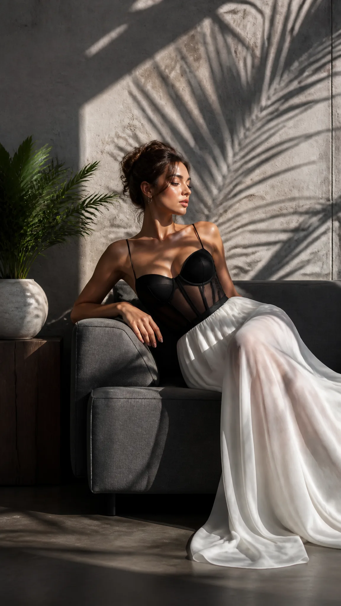 A young woman with an elegant updo reclines on a minimali...