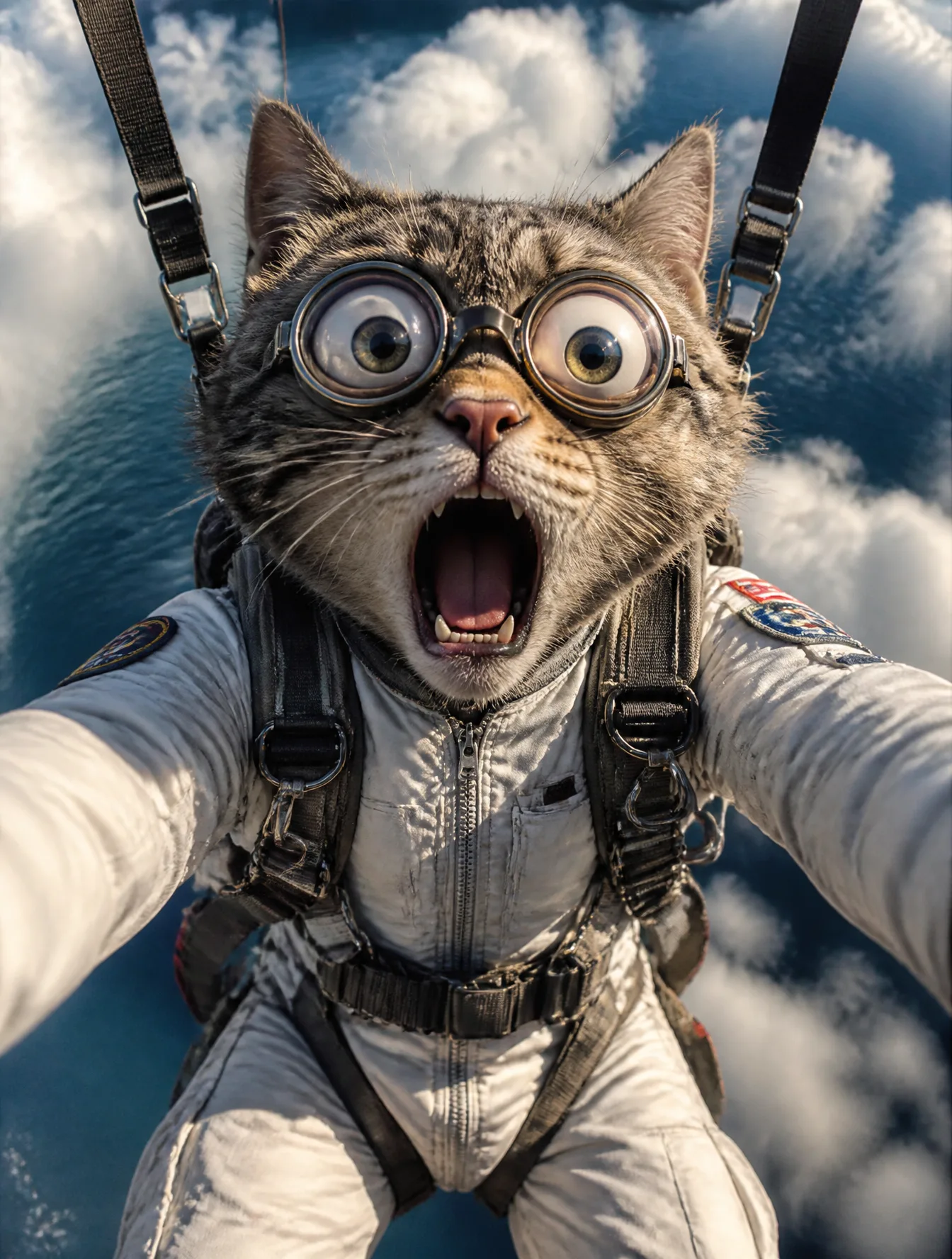 A hyper-realistic cat with a humanoid face reflecting pur...