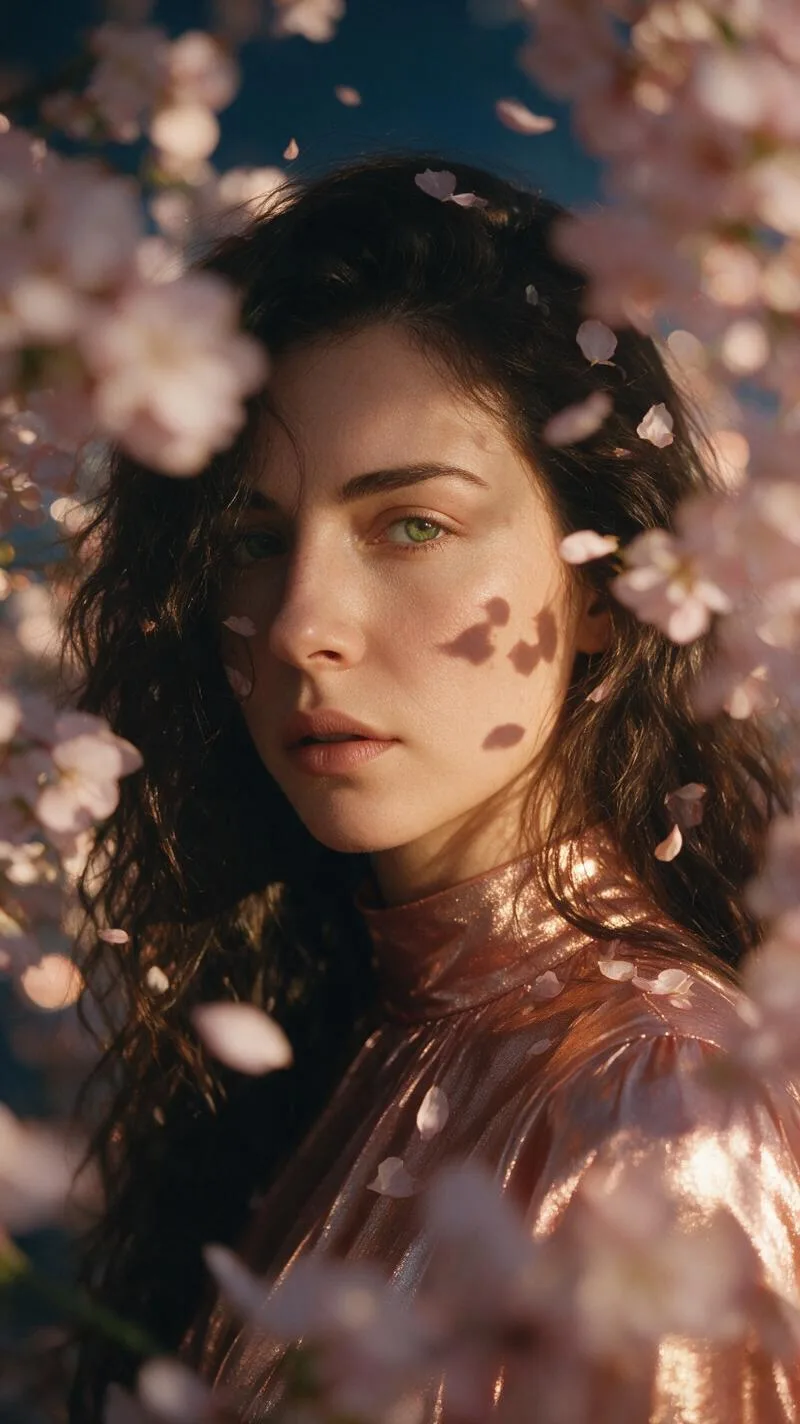 Poetic close-up portrait of a young woman partially obscure…