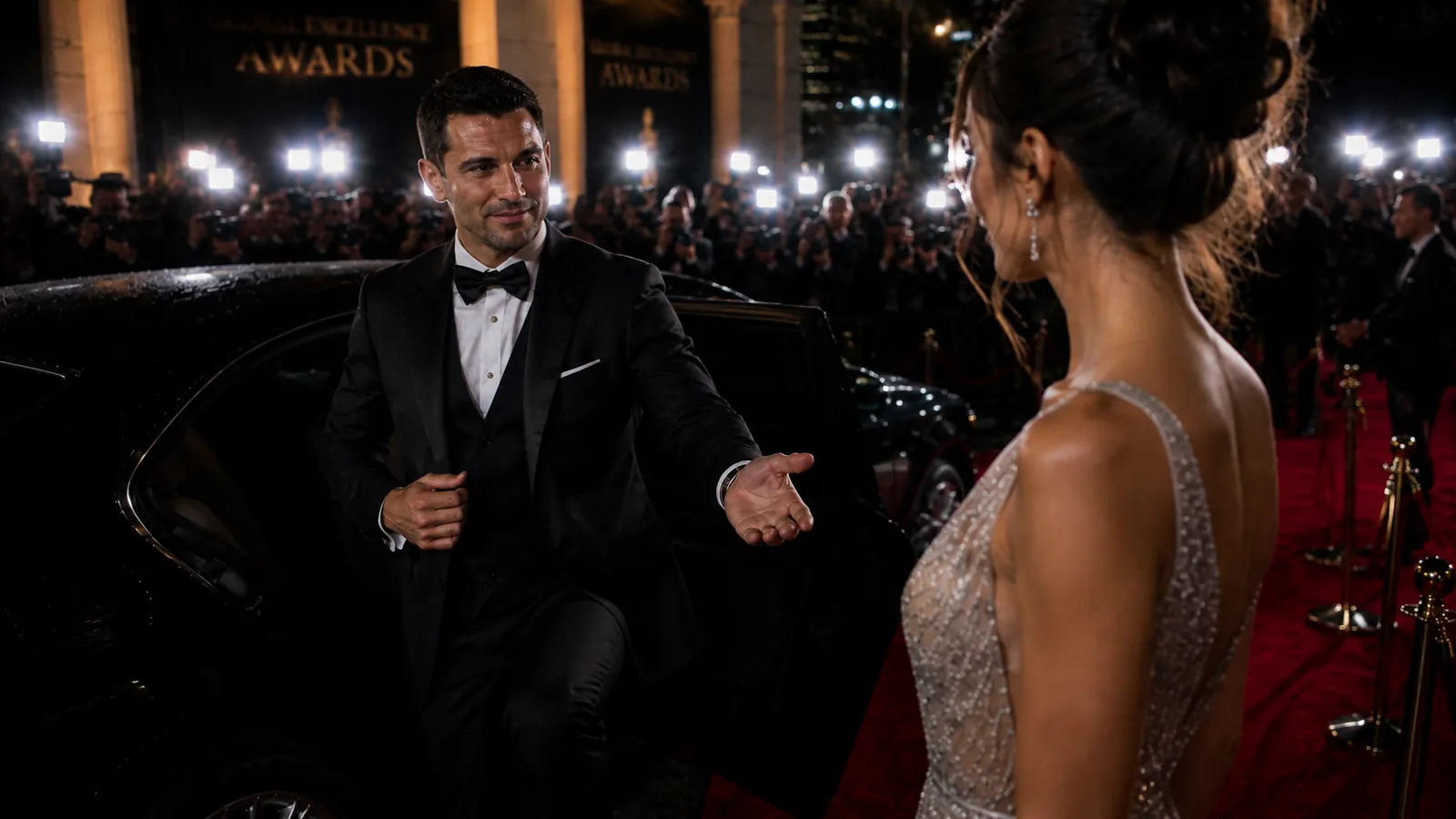 A handsome man in a sharp black tuxedo exits a luxury car...