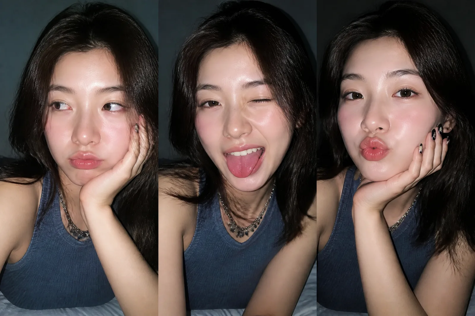 Ultra-realistic Gen Z selfie photo collage, three vertica...