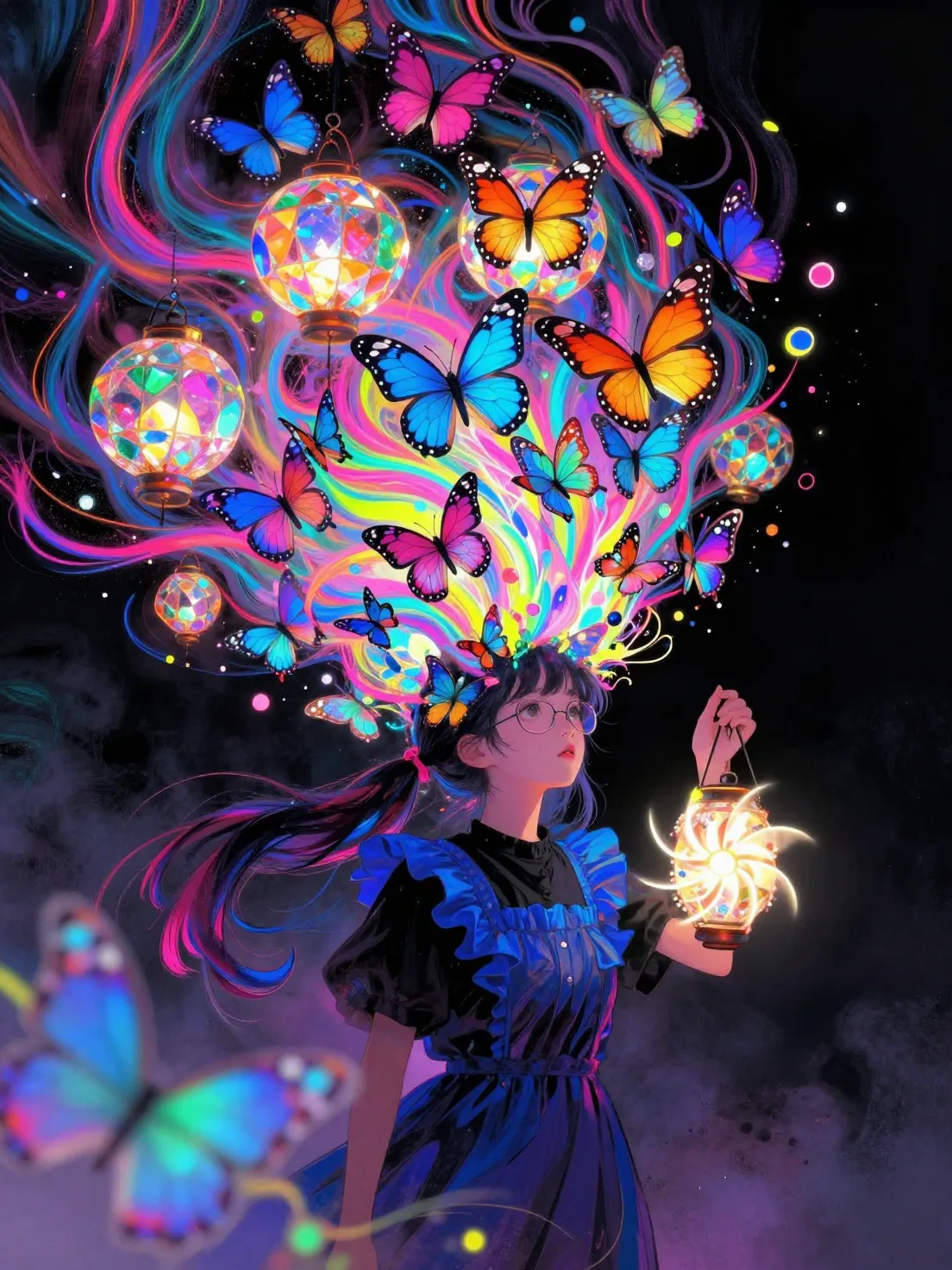 Vibrant digital art, swirling neon colors, abstract shape...