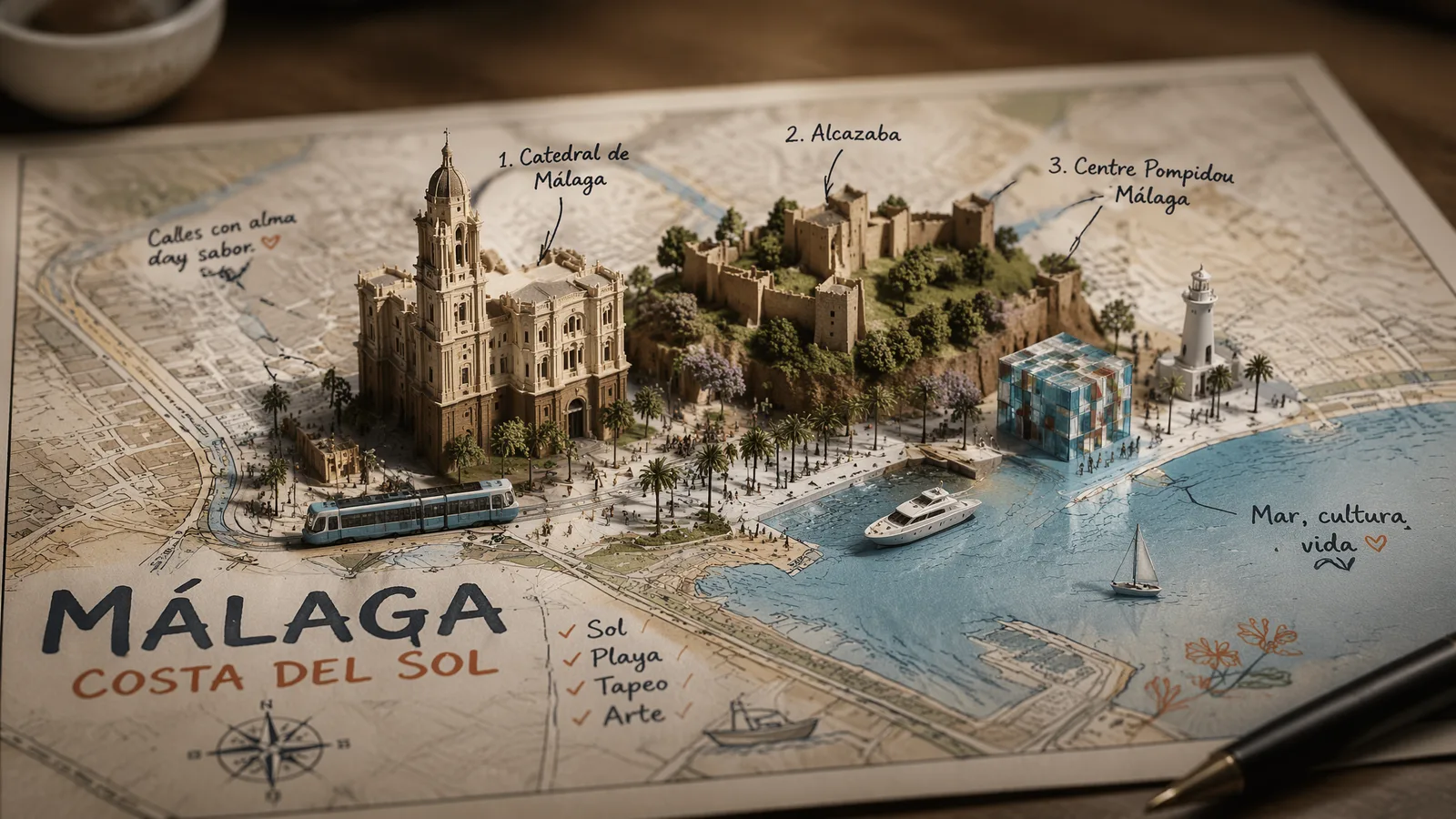 Un mapa de estilo callejero de Malaga colocado en un {MAP...