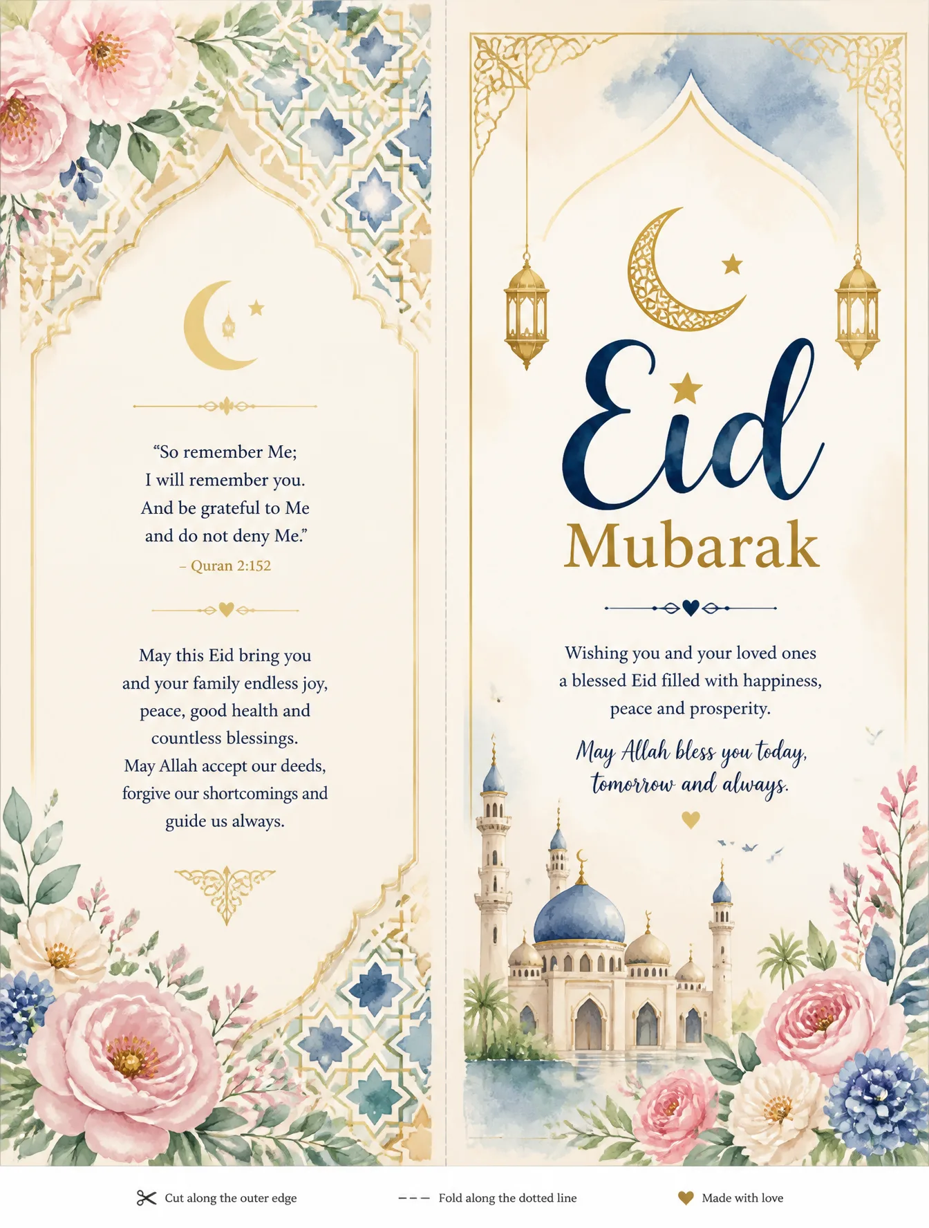 Generate a printable Eid greeting card template with wate...