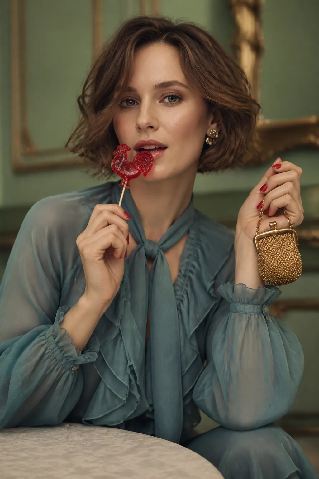 Photorealistic fashion portrait of a young European woman...