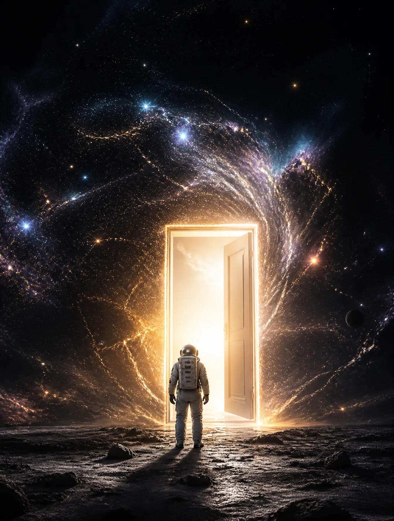 A lonely astronaut discovering a glowing door in the midd...