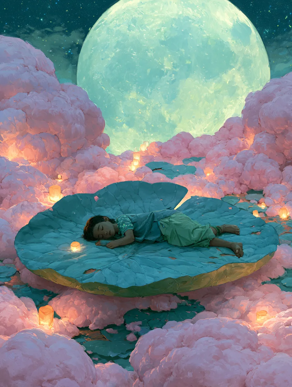 a small girl floating asleep on a giant lily pad drifting...
