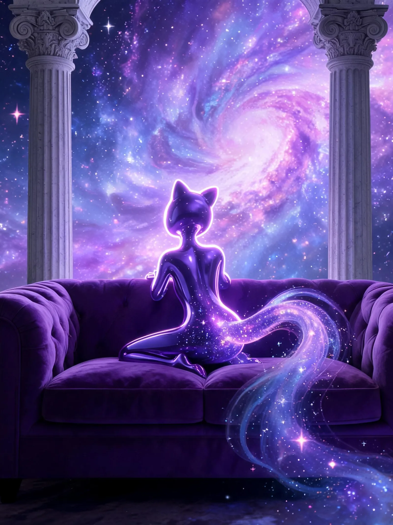 A glossy, anthropomorphic purple figure with a celestial,...