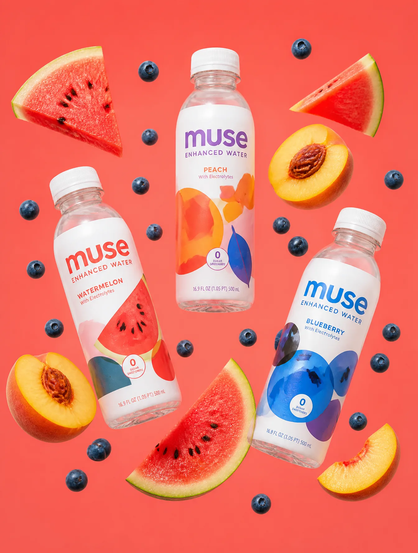 Three branded plastic bottles of Muse enhanced water are ...