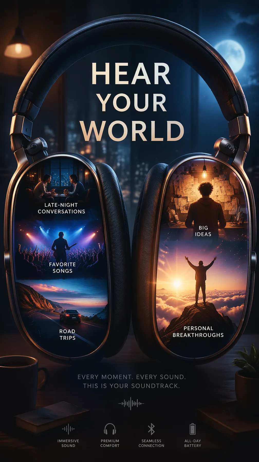 A premium 9:16 audio advertising poster.Main Subject:A pa...