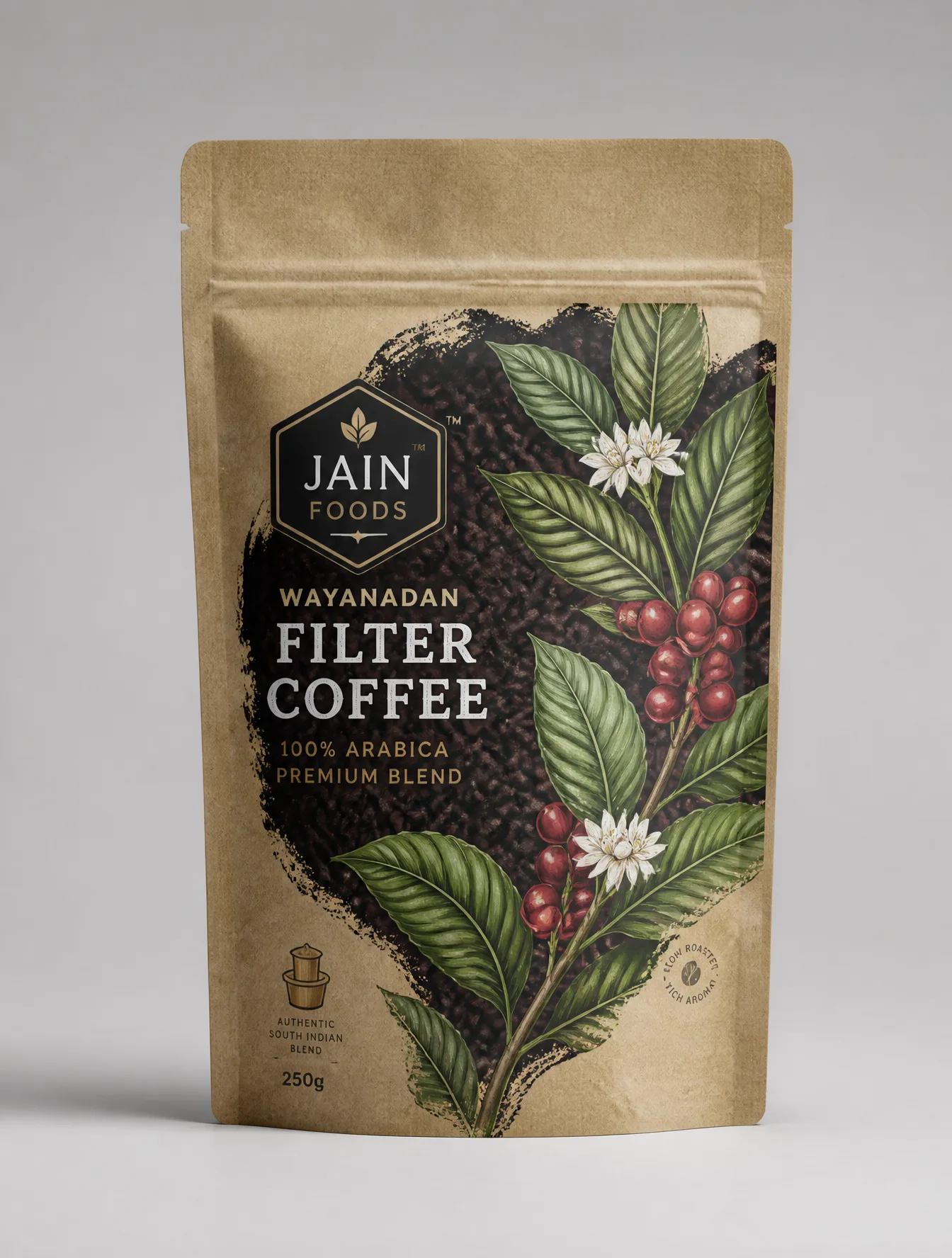 A vertical kraft paper stand-up pouch for "Jain Foods Way...