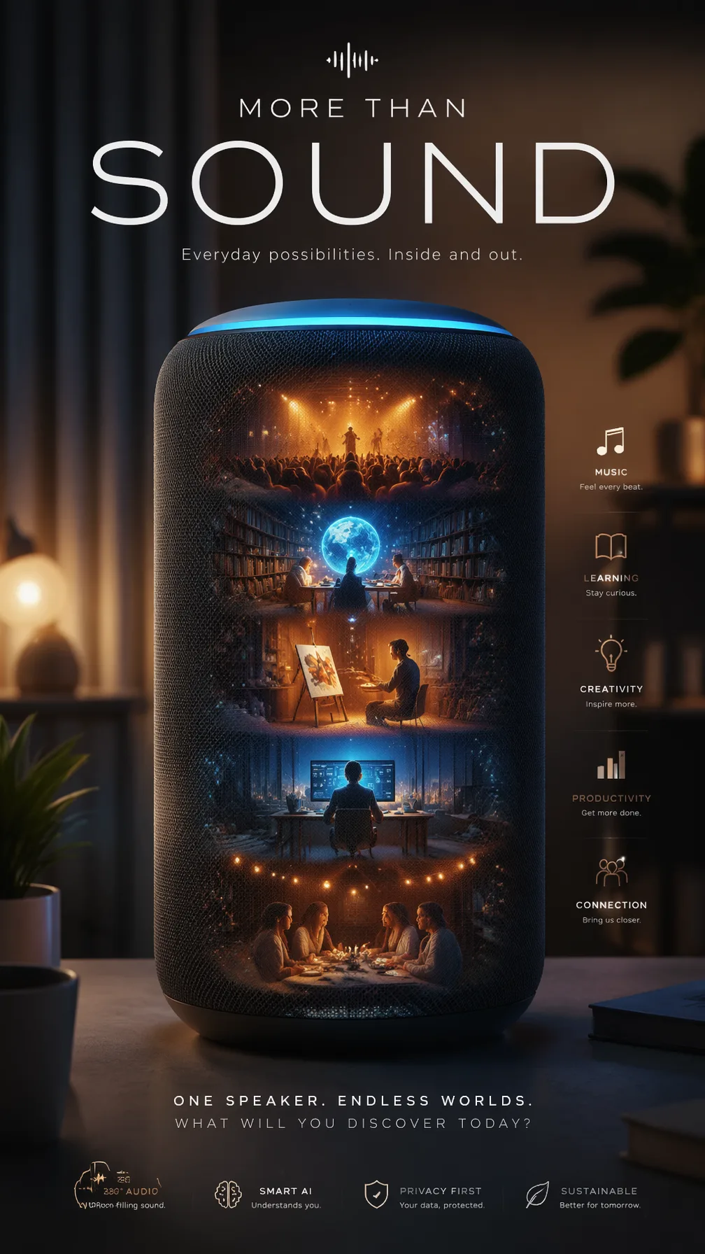 A premium 9:16 audio-tech advertising poster.Main Subject: