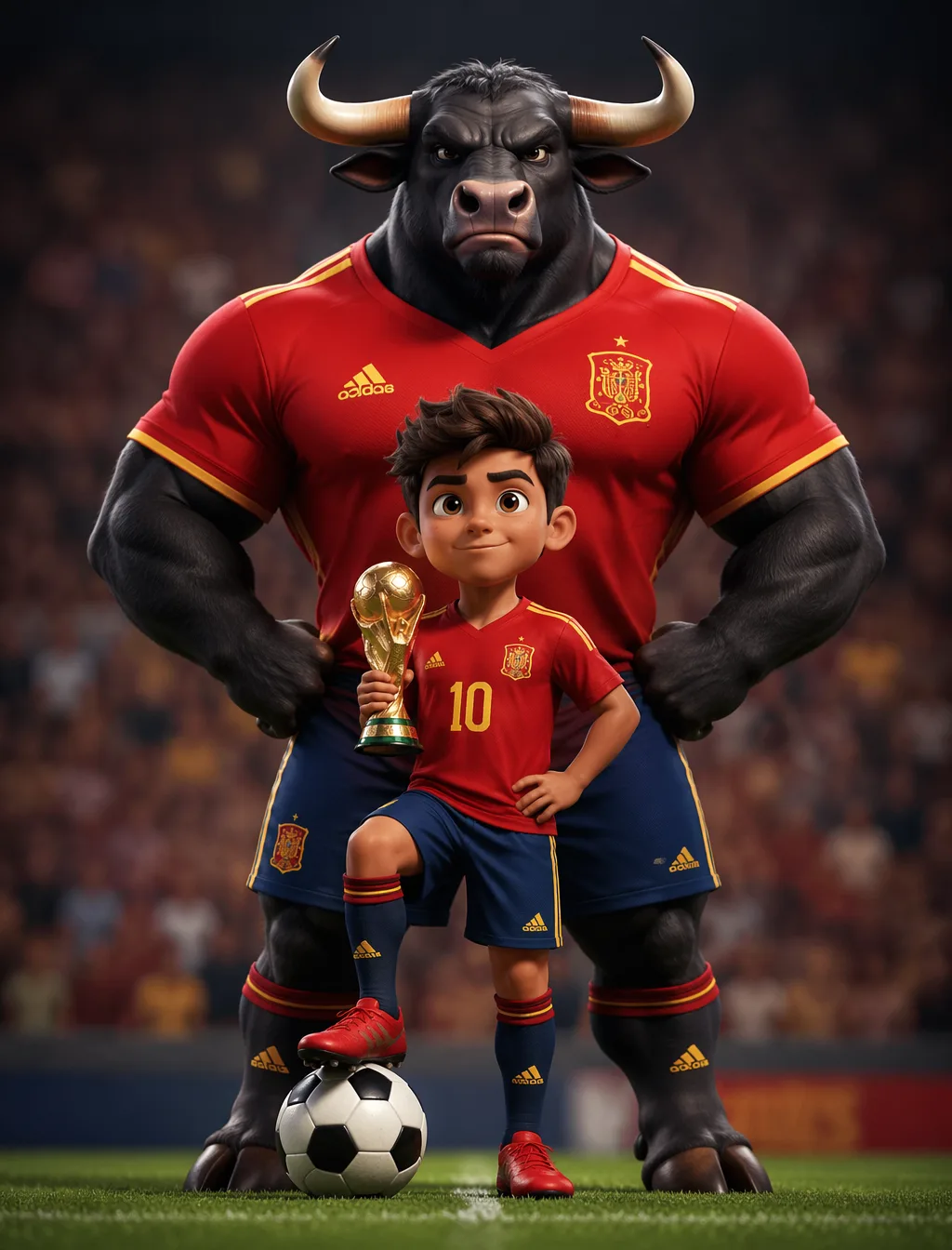 A stylized, muscular bull mascot with a stoic expression ...