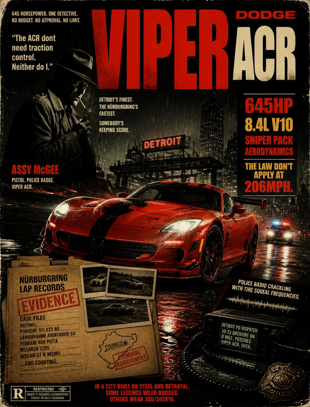 Create a film-noir premium automotive poster of Dodge Vip...
