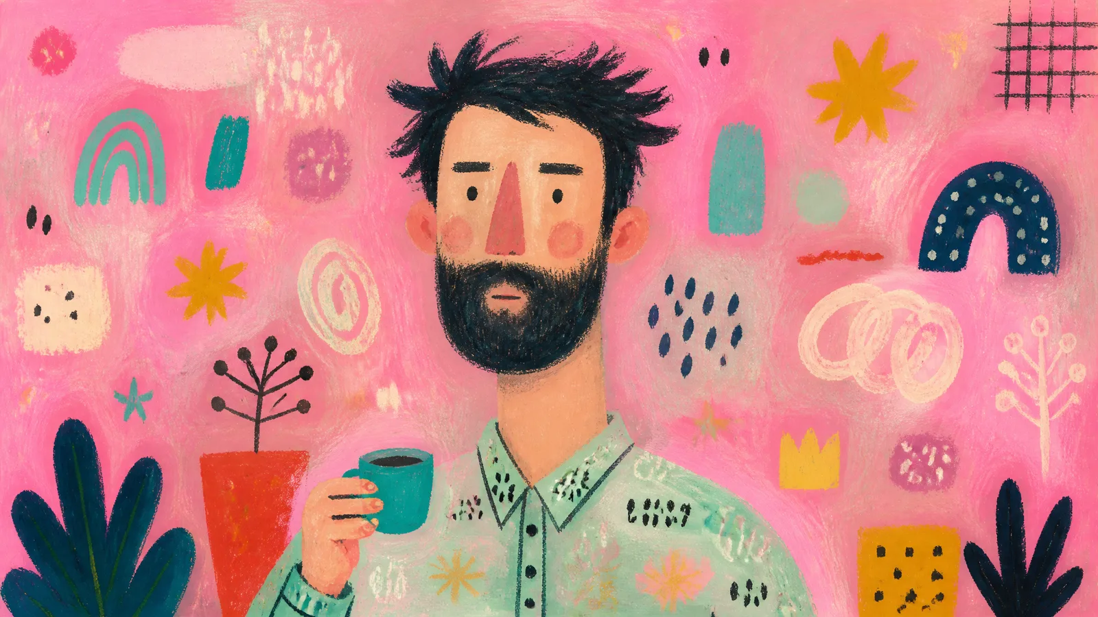Whimsical hand-painted editorial illustration of a bearde...