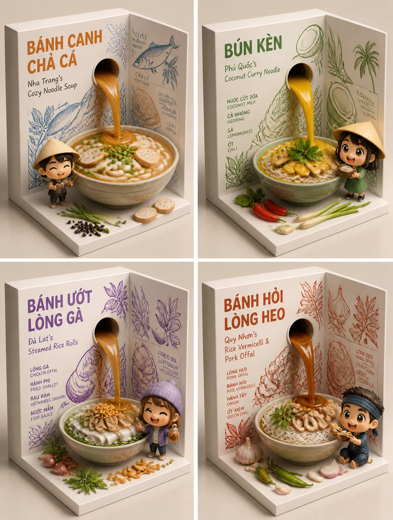 2x2 grid, do this for 4 hidden gem Vietnam foods select *...