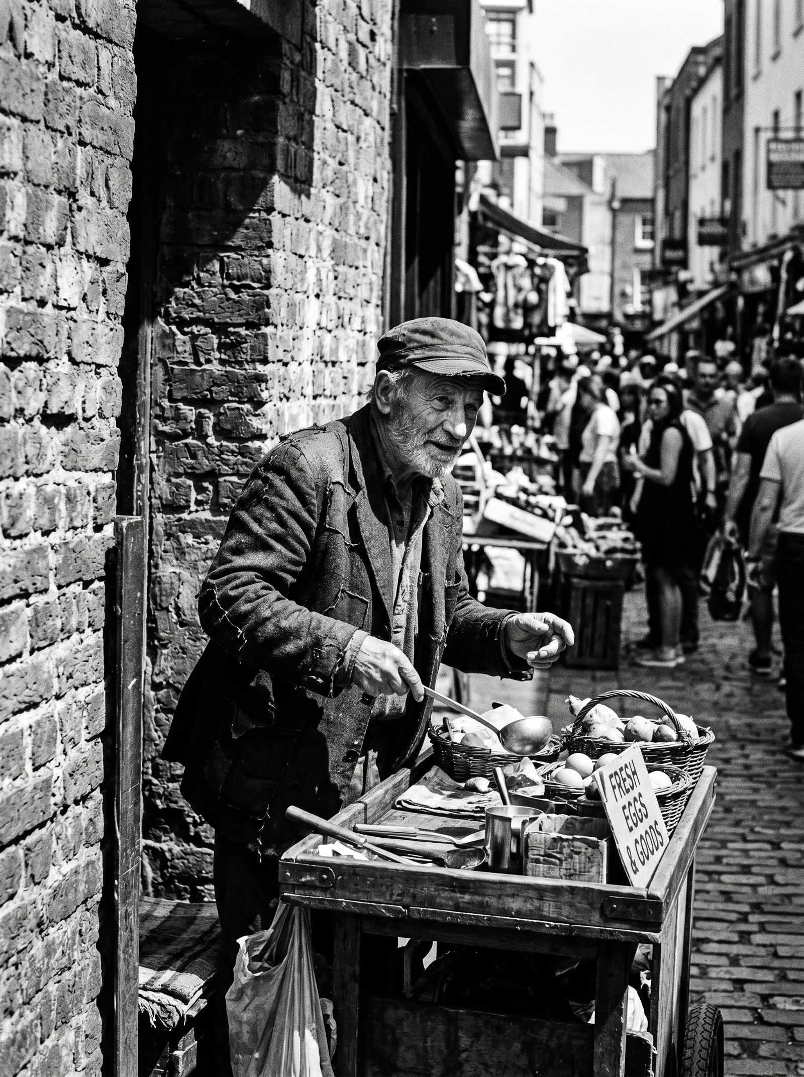 Candid black and white street photography portrait of [an...