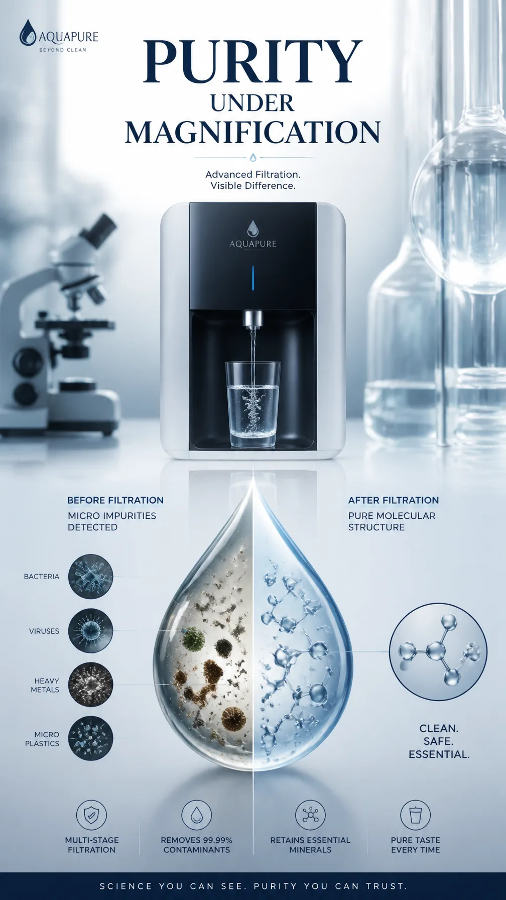 A premium 9:16 water filter advertising poster.Main Subje...