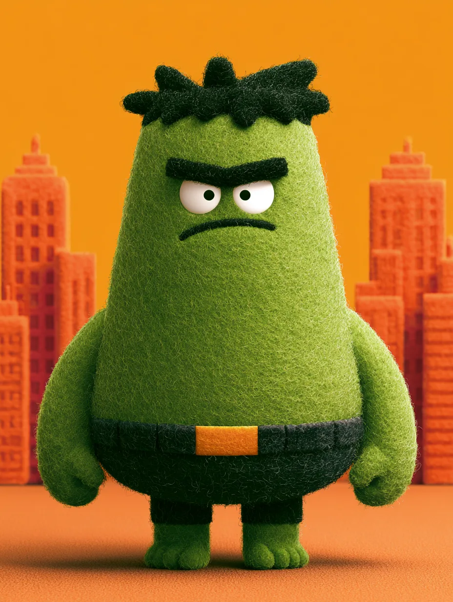 A stylized, rounded caricature of hulk stands centered ag...