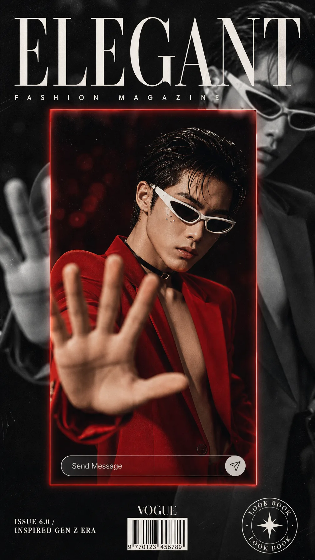 Create a high-fashion editorial magazine cover in portrai...