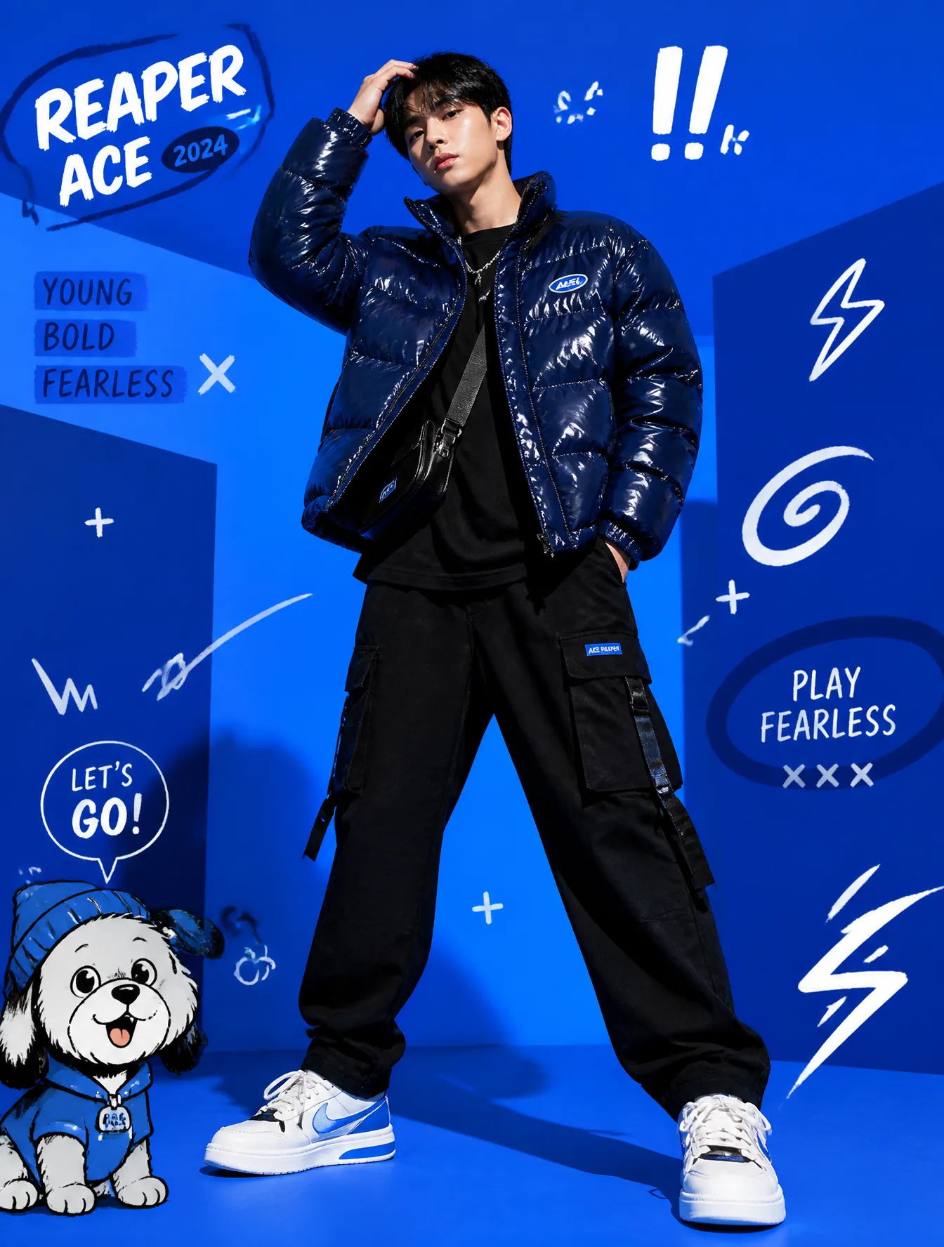 A full-body fashion editorial scene against a vibrant ele...