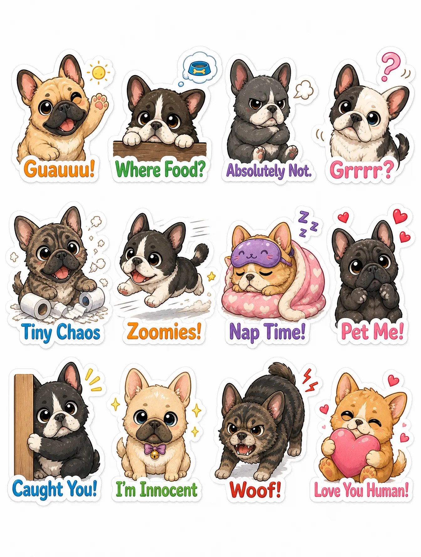 Cute illustrated chibi french bulldog sticker-pack, fluff...