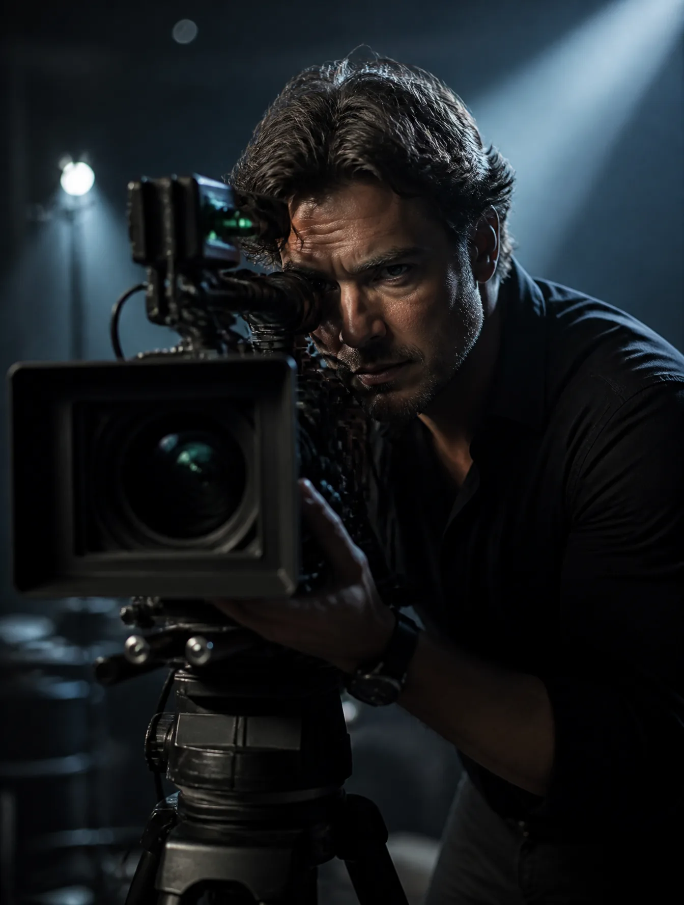 A focused cinematographer operates a professional cinema ...