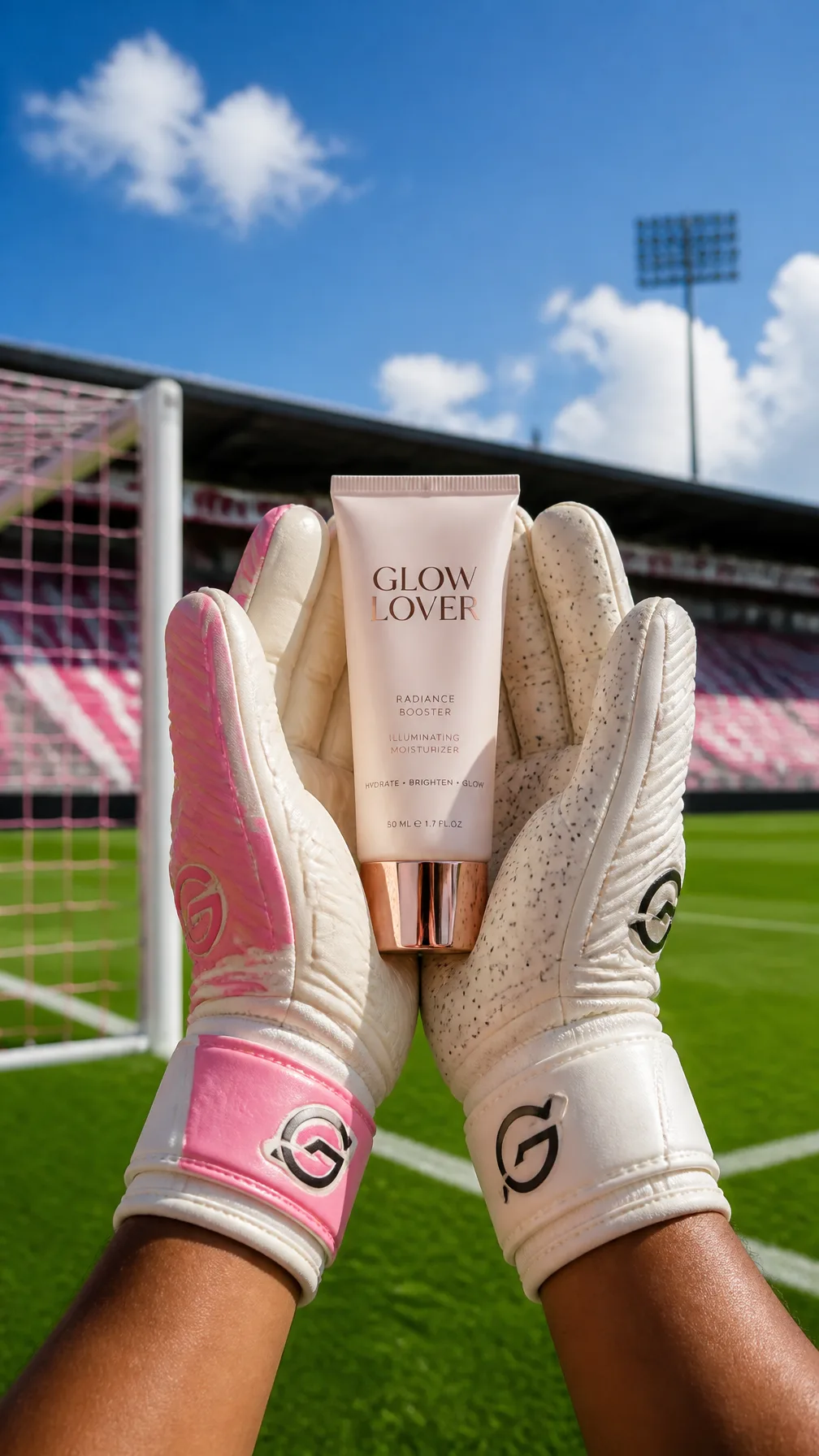 A pair of goalkeeper gloves, one with pink accents, is he...