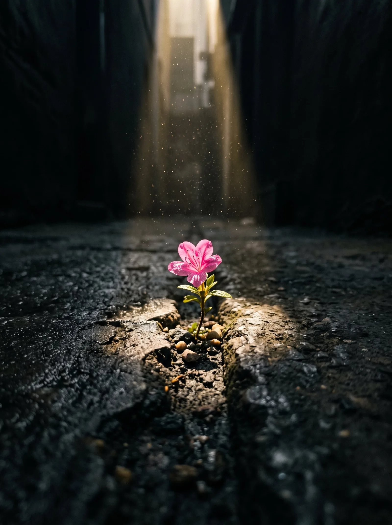 A cinematic macro shot of a small, bright pink flower spr...