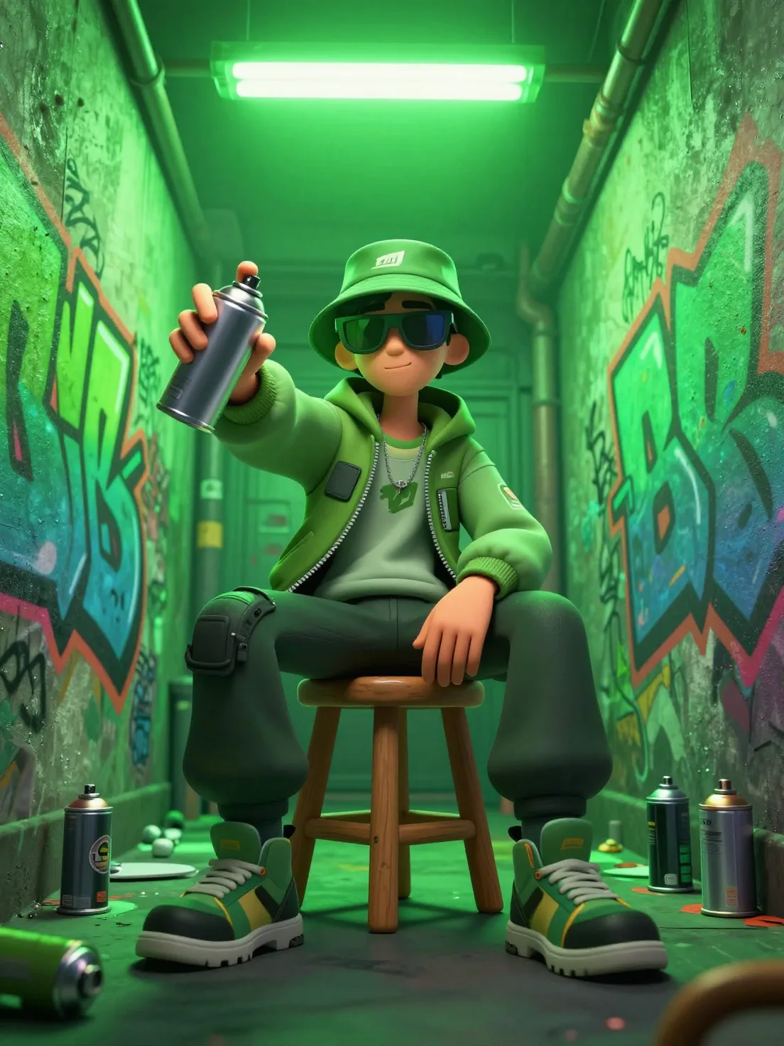 A stylized 3D character with a street-art aesthetic sits ...