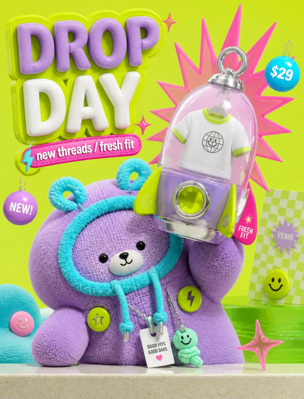 A glossy toy-advertising 3D style built from acid lime st...