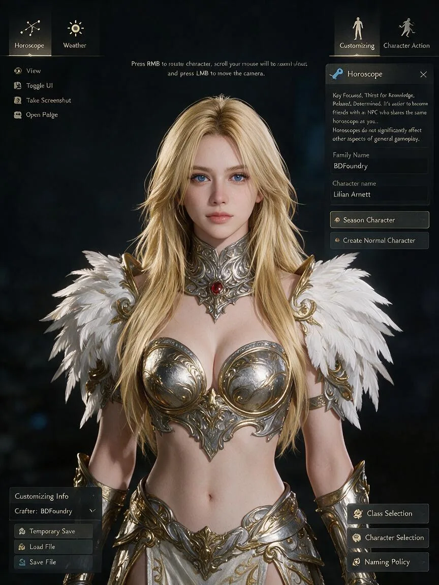 Экран создания персонажа в MMORPG