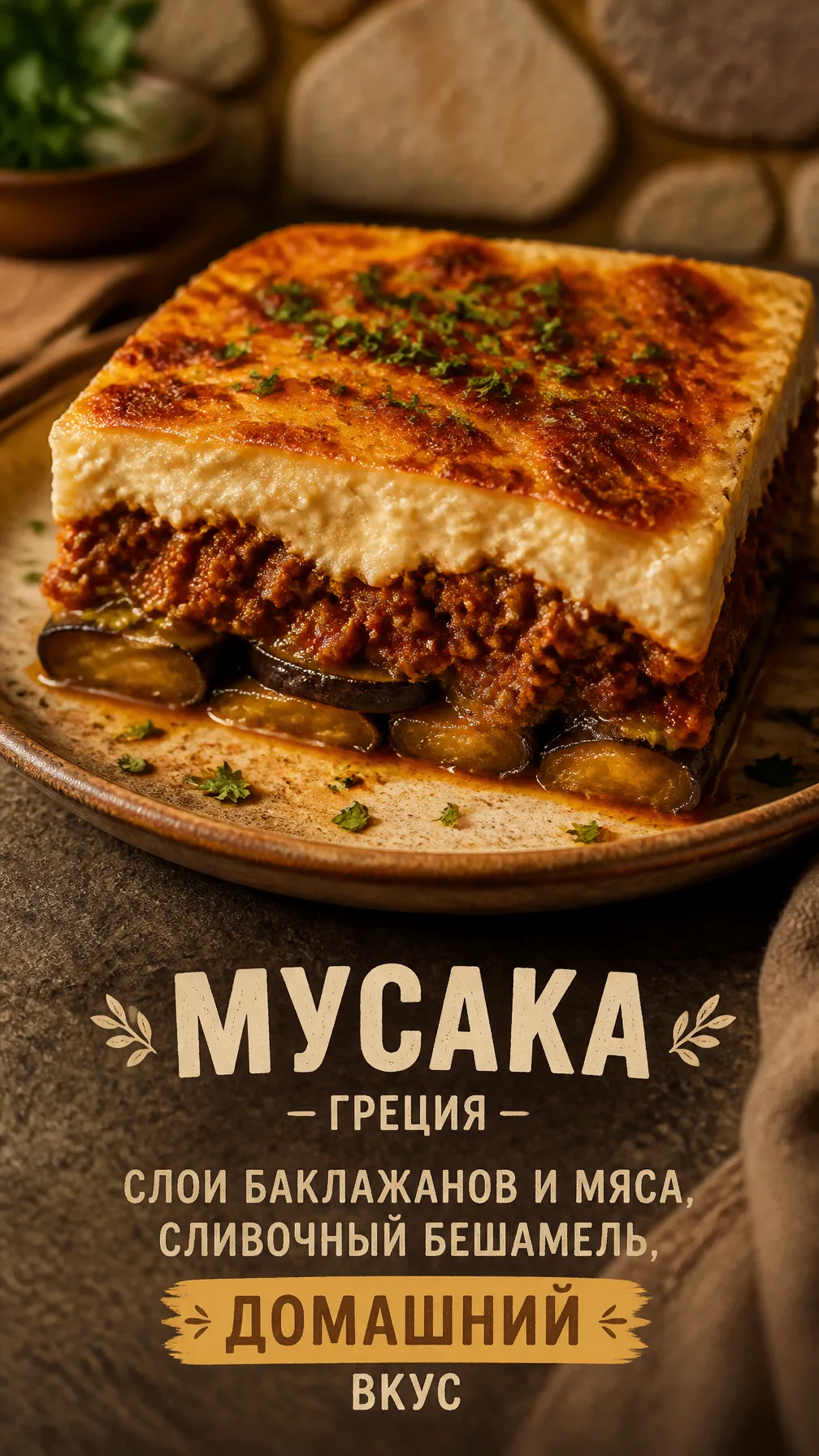 Мусака — Греция Текст на изображении: «Слои баклажанов и ...