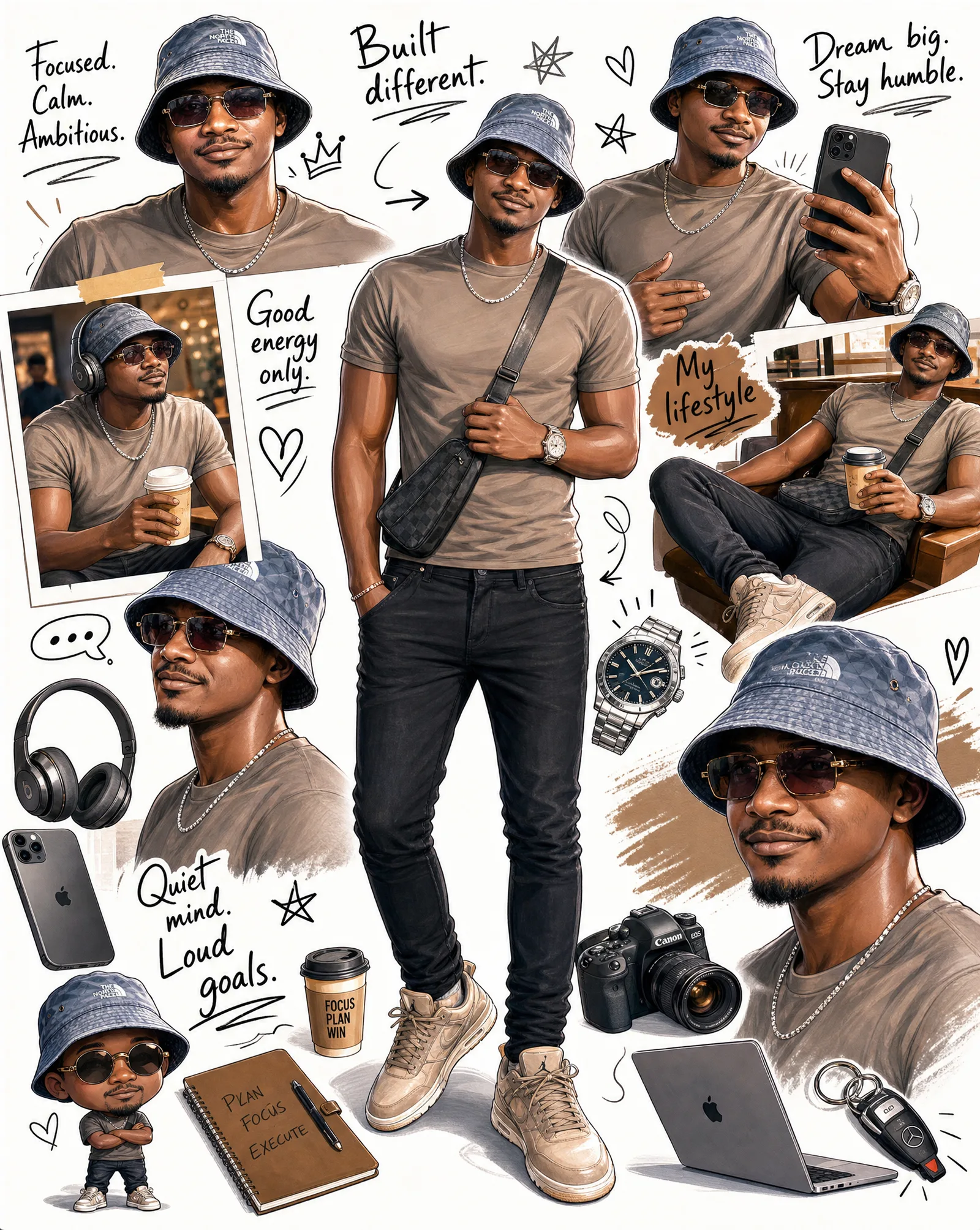 Create a stylish illustrated digital collage / character ...
