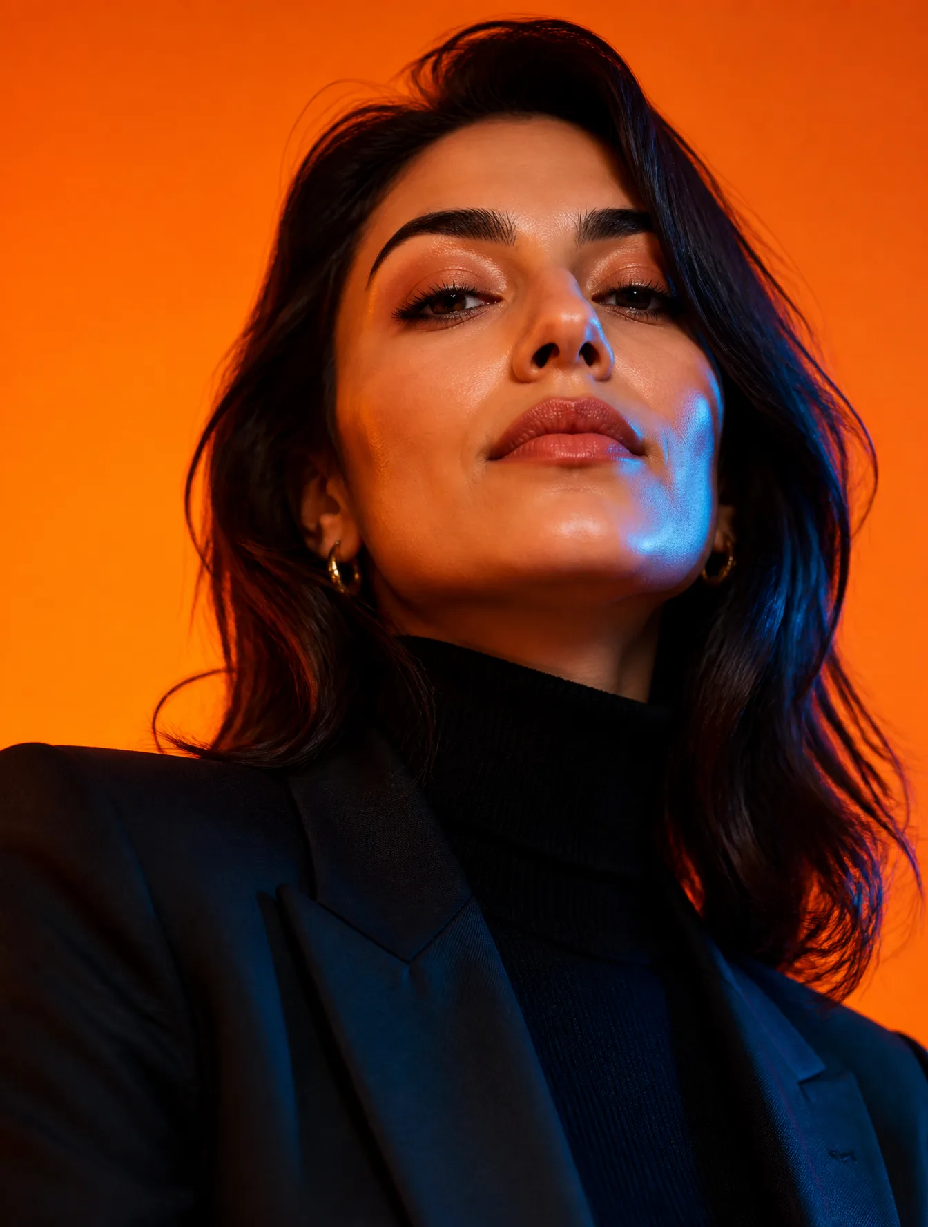 A cinematic, high-fashion editorial close-up portrait of ...