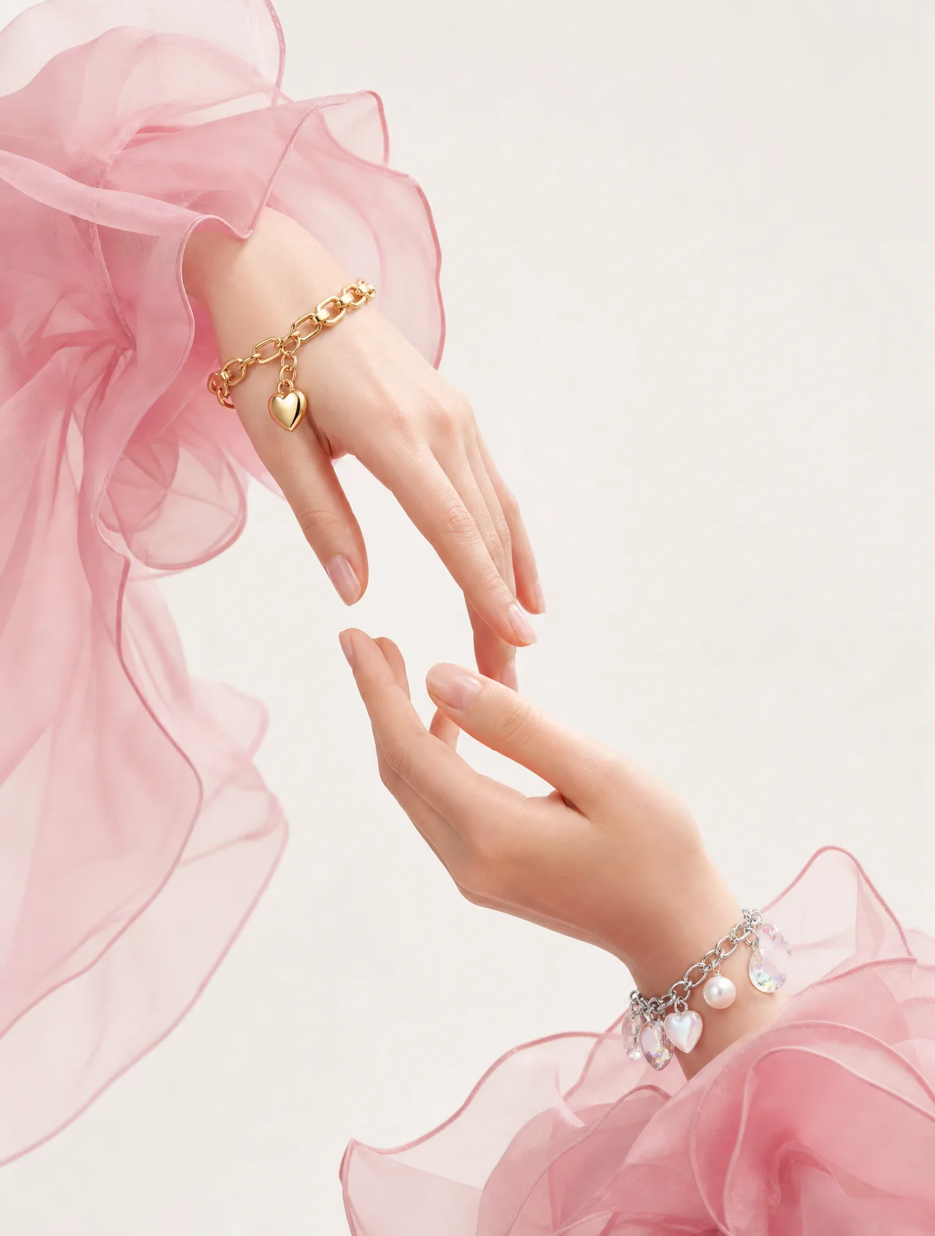 Two delicate hands reach toward each other in a graceful,...