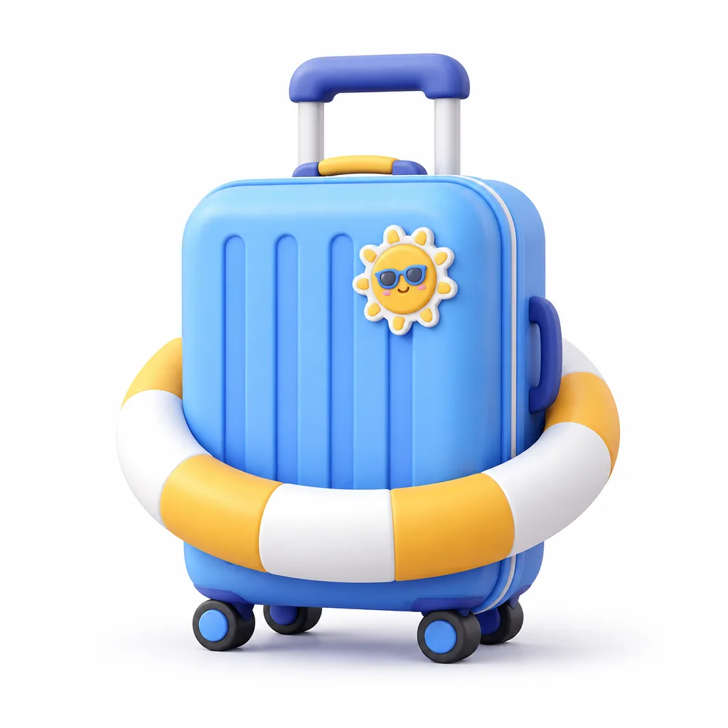 ["A 3D style blue suitcase and swimming ring icon, white background, …