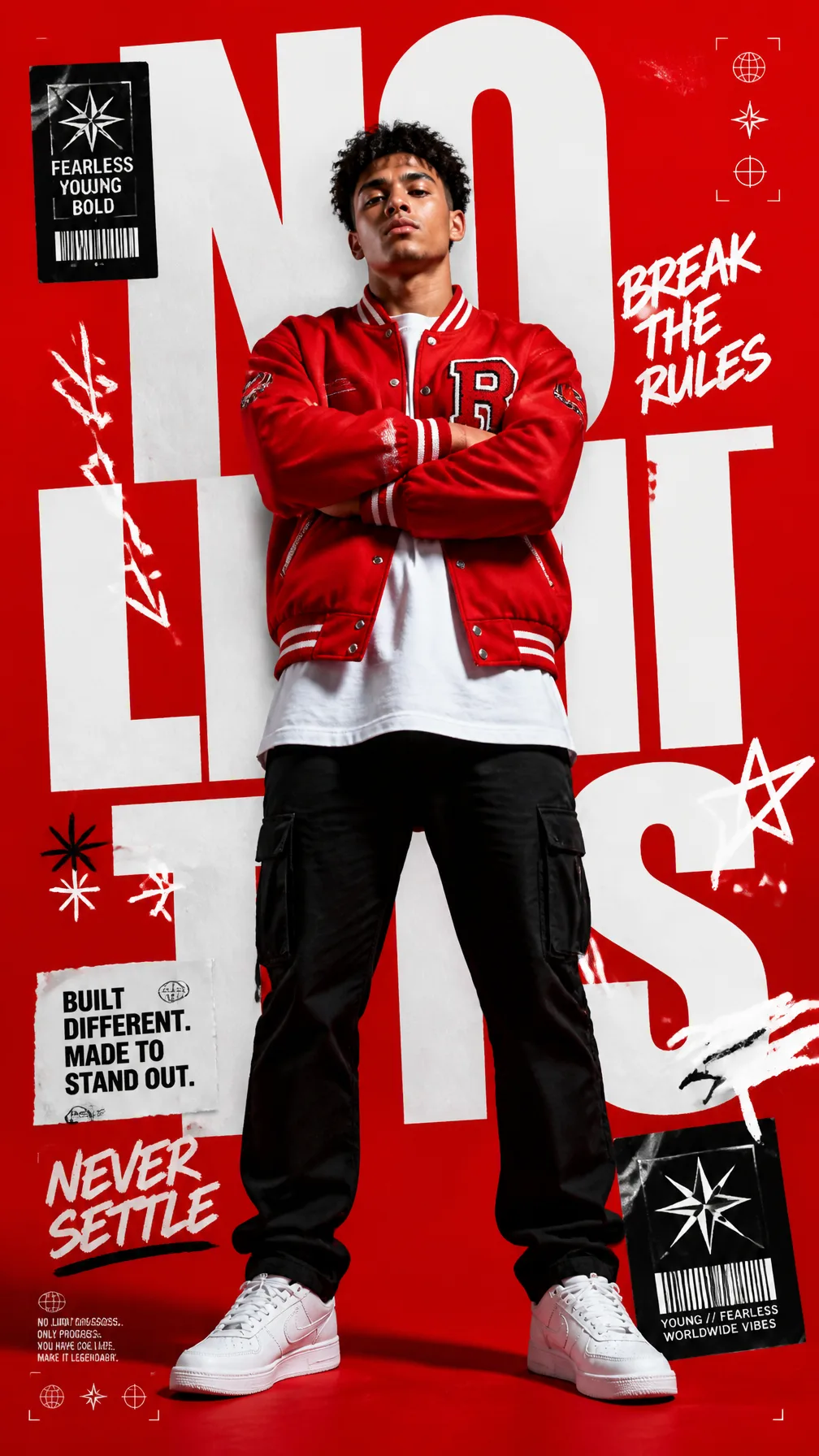 A premium 9:16 streetwear editorial advertising poster.Ma...