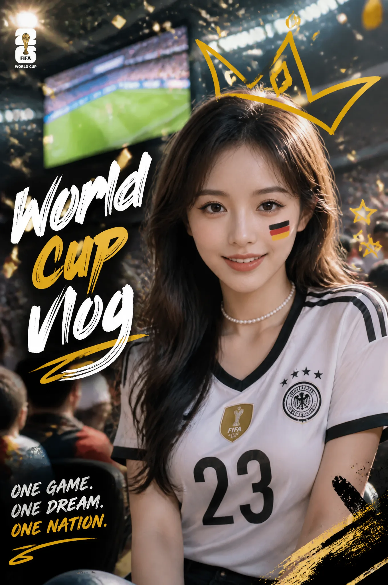 Ultra-realistic sports fan portrait poster, beautiful you...