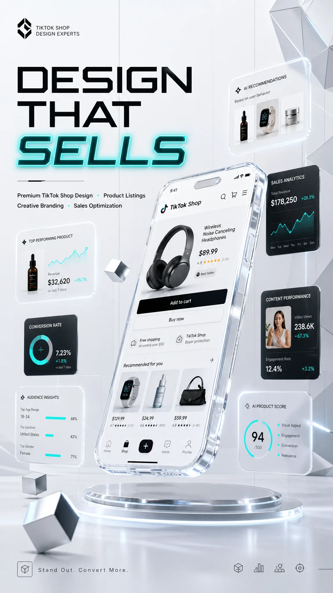 Futuristic minimalist advertising design featuring a floa...