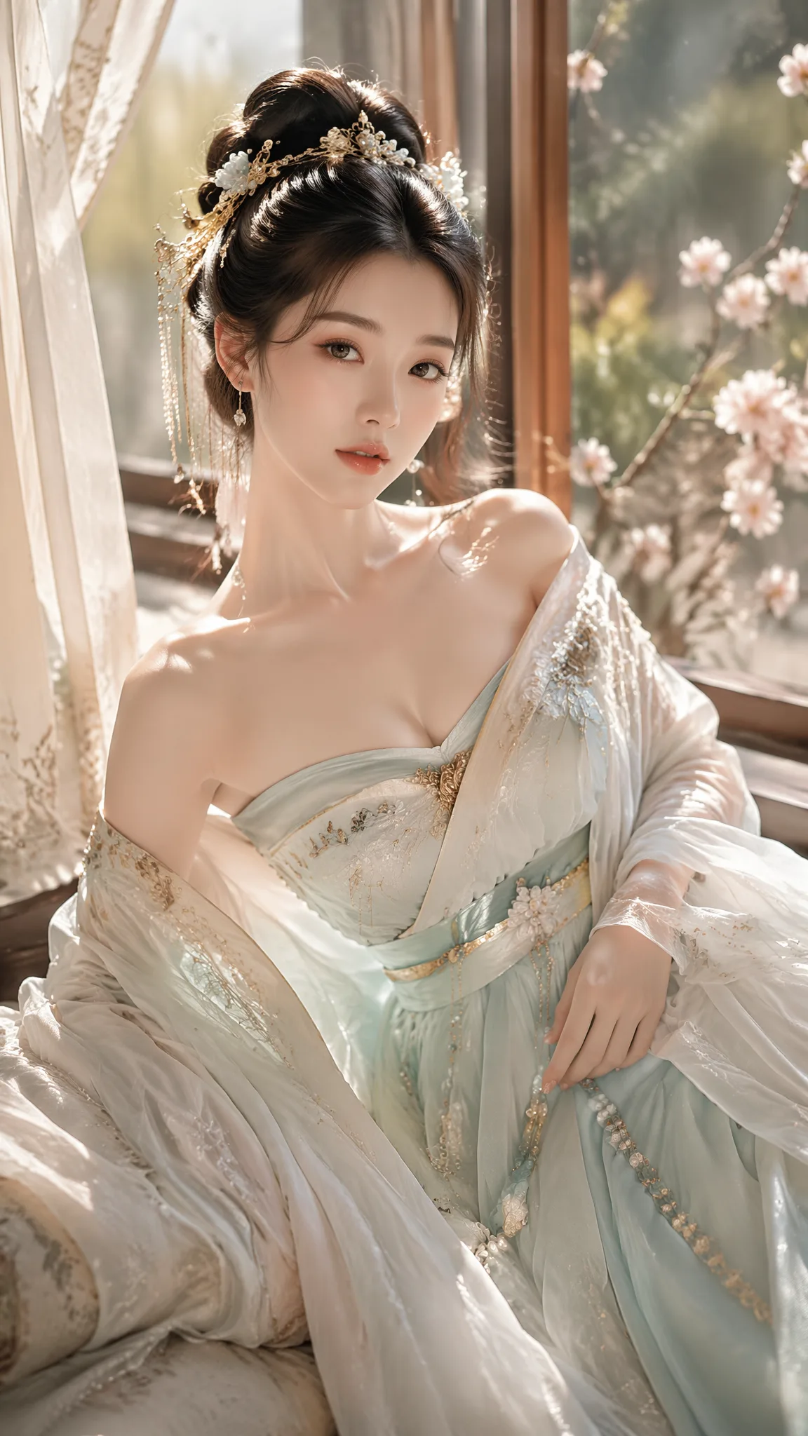 A high-end water-light portrait of an ancient lady, with a …