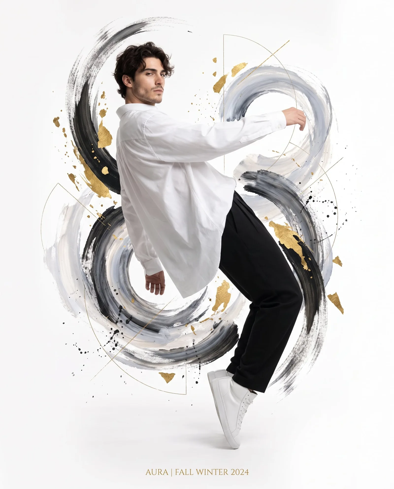 Create a high-fashion editorial fashion poster featuring ...
