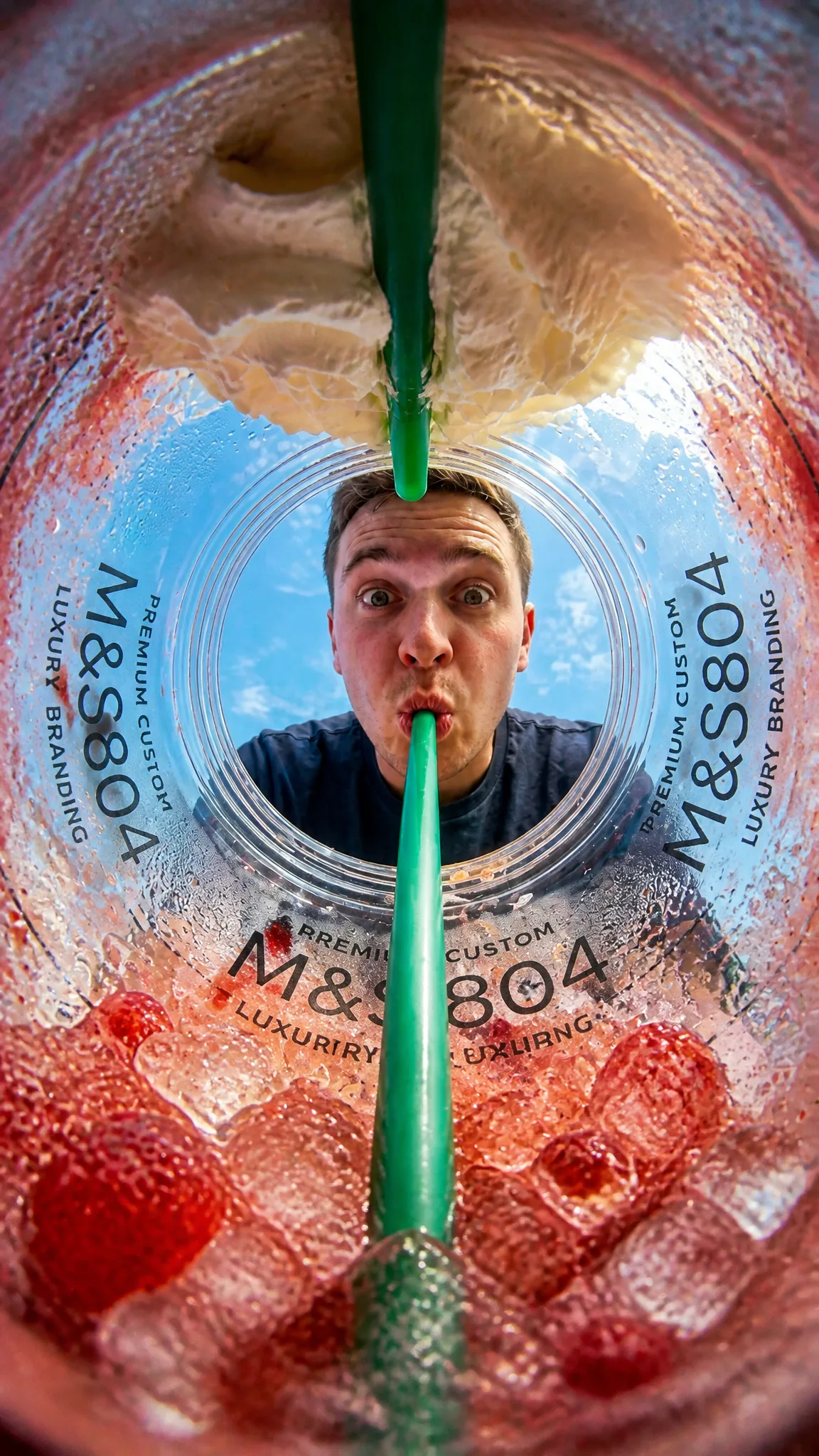 { "prompt": "POV from inside an M&S804 strawberry frappu...